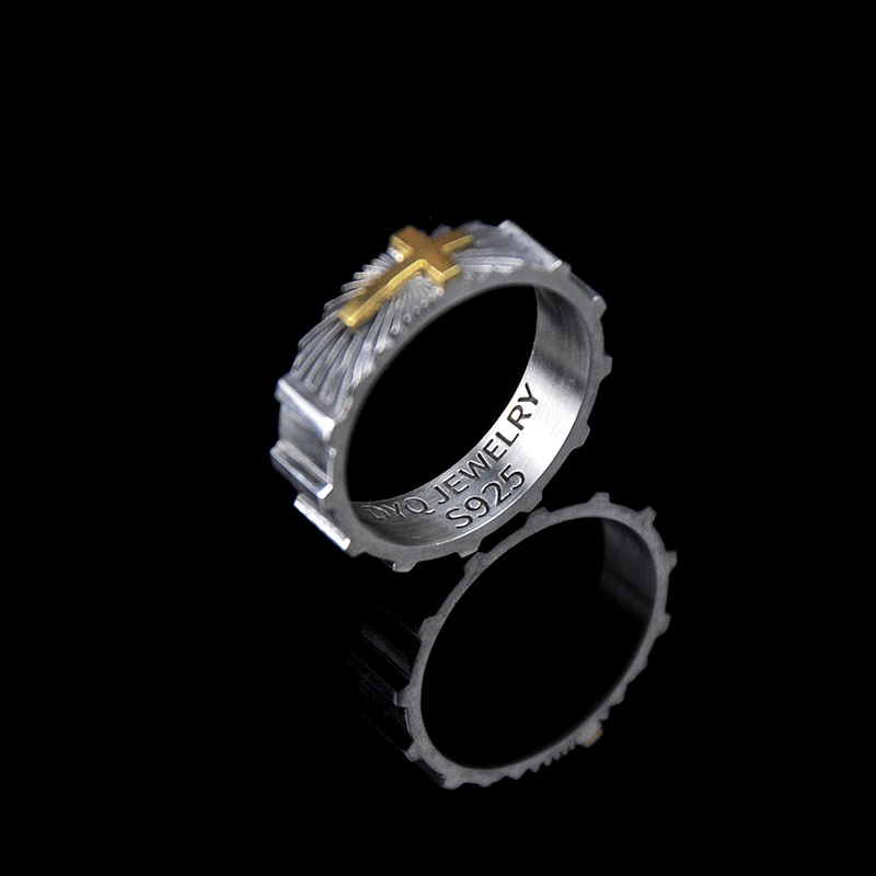 DYQ Jewelry 十字守护 925银 24K金 男士戒指