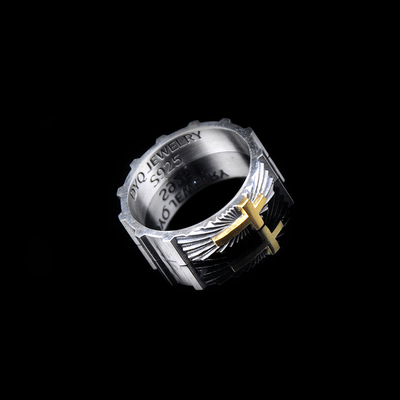 DYQ Jewelry 十字守护 925银 24K金 男士戒指