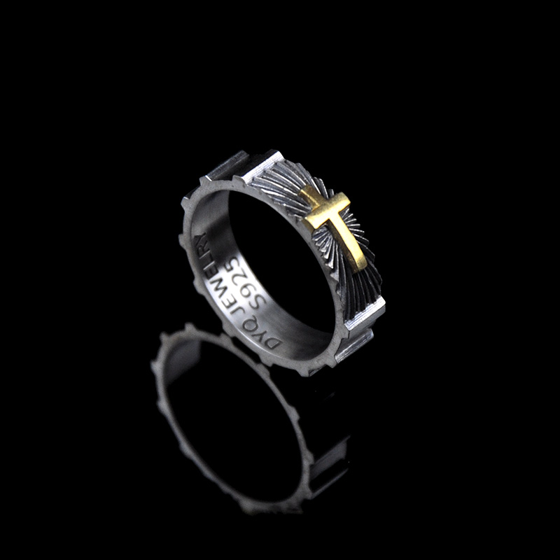 DYQ Jewelry 十字守护 925银 24K金 男士戒指