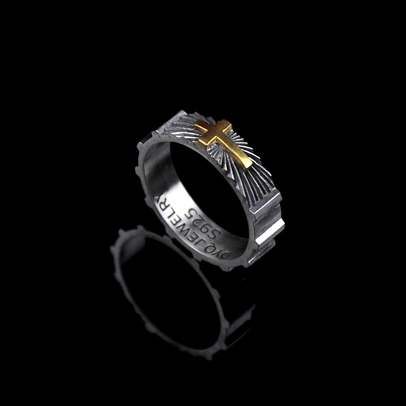 DYQ Jewelry 十字守护 925银 24K金 男士戒指