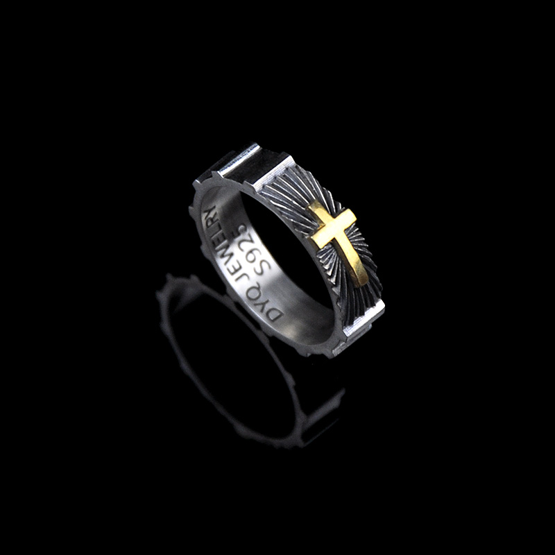 DYQ Jewelry 十字守护 925银 24K金 男士戒指