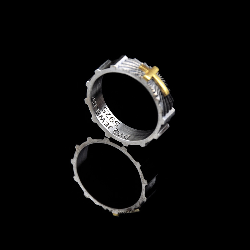 DYQ Jewelry 十字守护 925银 24K金 男士戒指