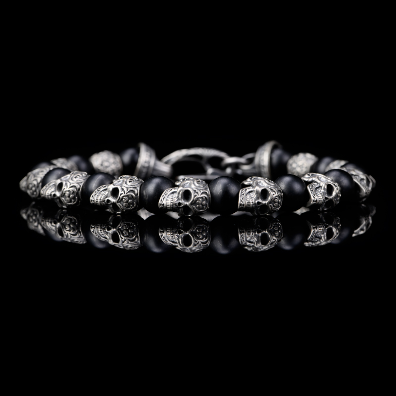 DYQ Jewelry 不屈意志 925银唐草骷髅 黑曜石 男生手链