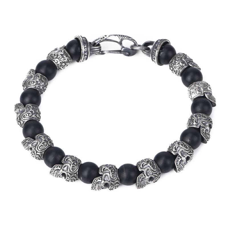 DYQ Jewelry 不屈意志 925银唐草骷髅 黑曜石 男生手链