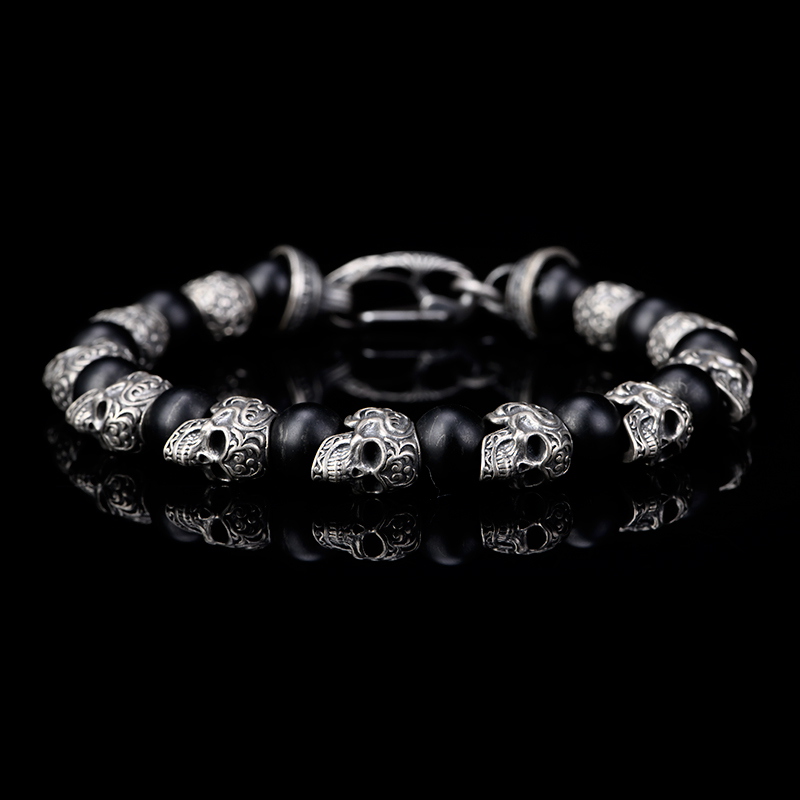 DYQ Jewelry 不屈意志 925银唐草骷髅 黑曜石 男生手链