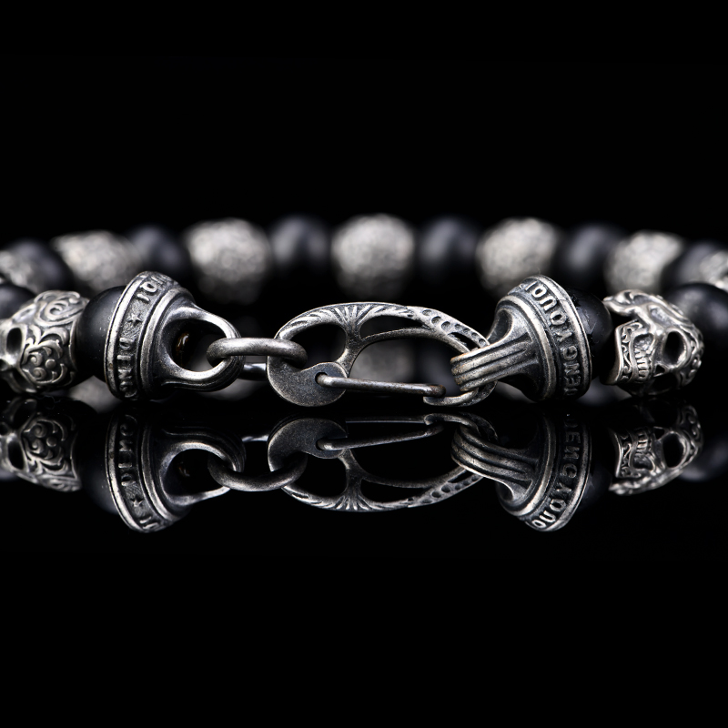 DYQ Jewelry 不屈意志 925银唐草骷髅 黑曜石 男生手链