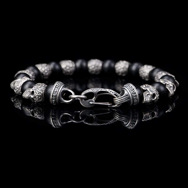 DYQ Jewelry 不屈意志 925银唐草骷髅 黑曜石 男生手链