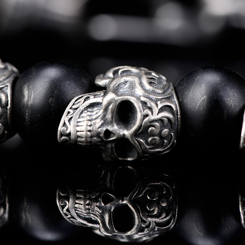 DYQ Jewelry 不屈意志 925银唐草骷髅 黑曜石 男生手链