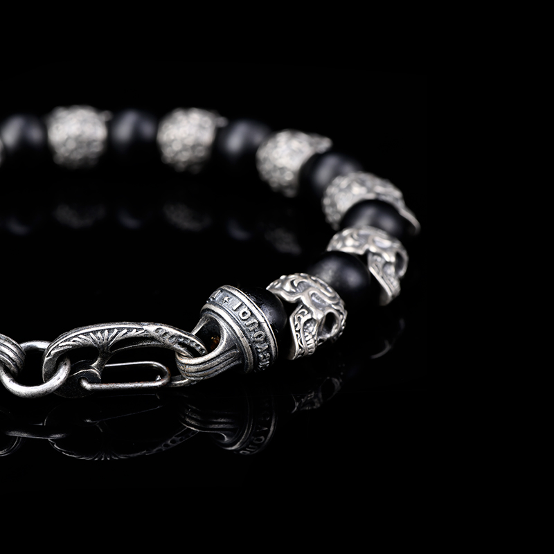 DYQ Jewelry 不屈意志 925银唐草骷髅 黑曜石 男生手链