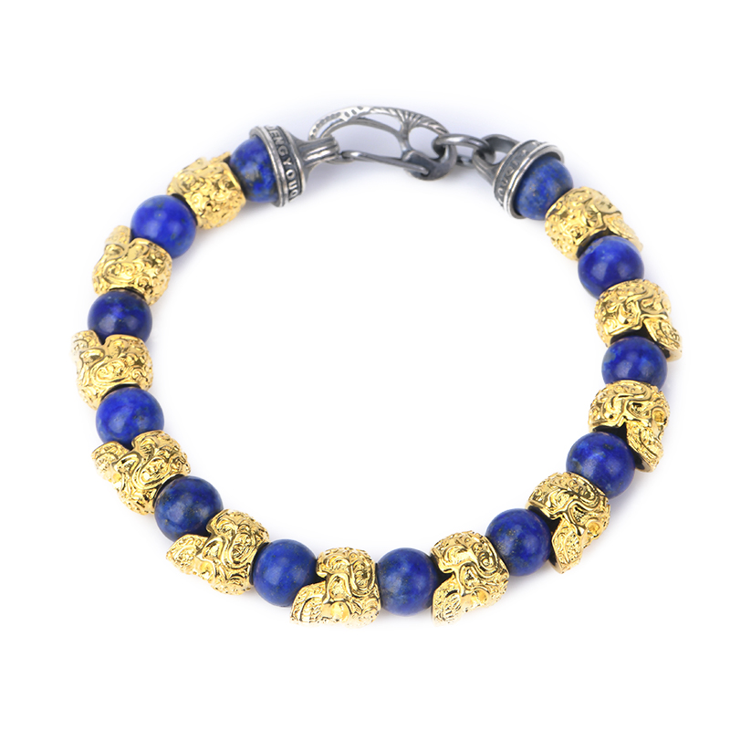 DYQ Jewelry 不屈意志 黄铜镀24K金唐草骷髅 青金石 男生手链