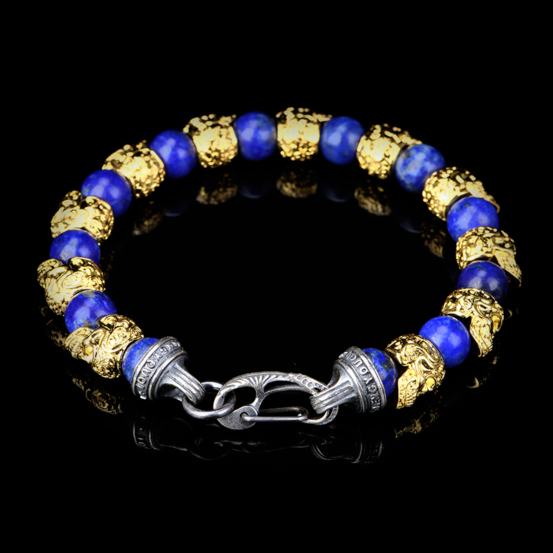 DYQ Jewelry 不屈意志 黄铜镀24K金唐草骷髅 青金石 男生手链