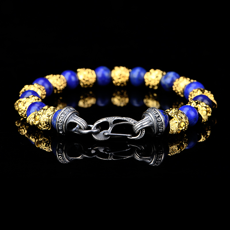 DYQ Jewelry 不屈意志 黄铜镀24K金唐草骷髅 青金石 男生手链