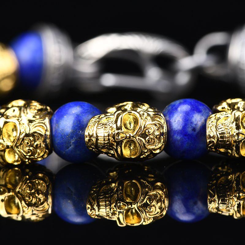 DYQ Jewelry 不屈意志 黄铜镀24K金唐草骷髅 青金石 男生手链