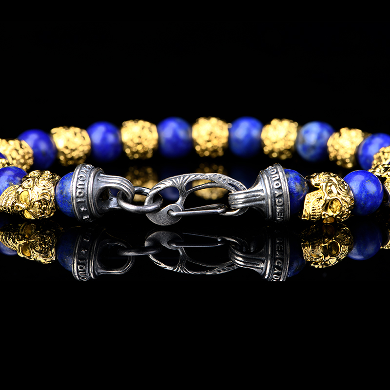 DYQ Jewelry 不屈意志 黄铜镀24K金唐草骷髅 青金石 男生手链