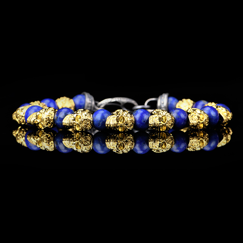 DYQ Jewelry 不屈意志 黄铜镀24K金唐草骷髅 青金石 男生手链