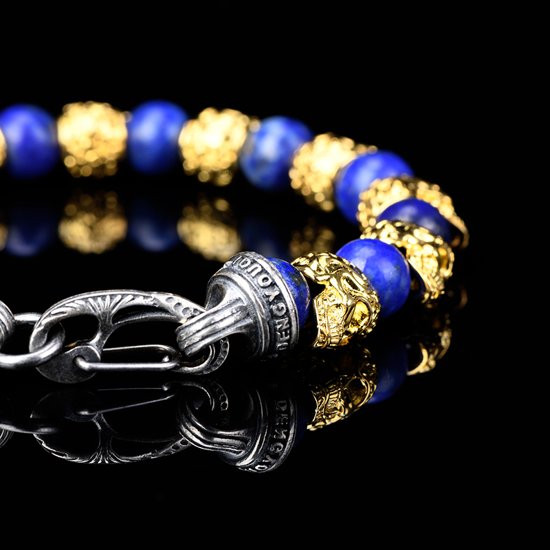 DYQ Jewelry 不屈意志 黄铜镀24K金唐草骷髅 青金石 男生手链