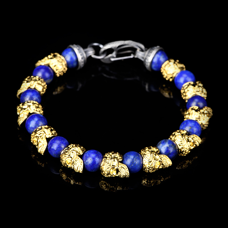 DYQ Jewelry 不屈意志 黄铜镀24K金唐草骷髅 青金石 男生手链