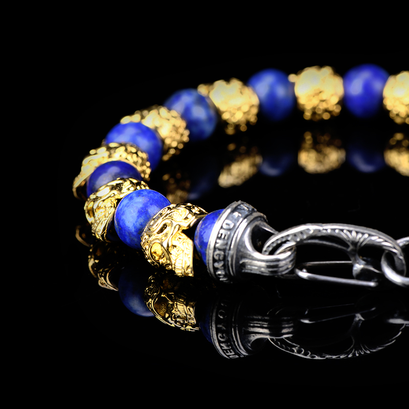 DYQ Jewelry 不屈意志 黄铜镀24K金唐草骷髅 青金石 男生手链