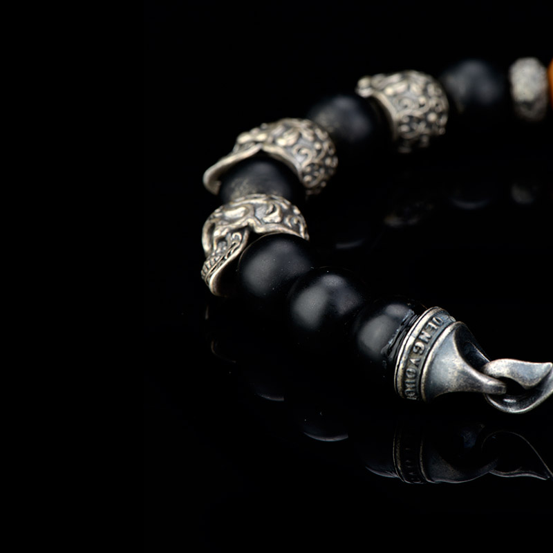 DYQ Jewelry 925银 唐草骷髅 黑玛瑙 男生手链 绅士英伦