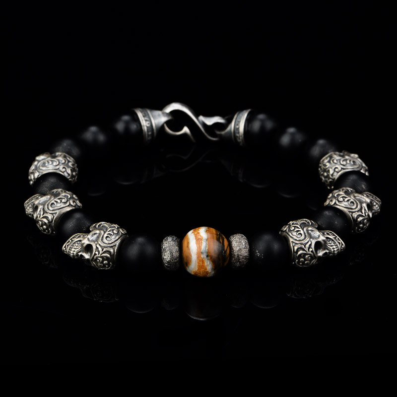 DYQ Jewelry 925银 唐草骷髅 黑玛瑙 男生手链 绅士英伦