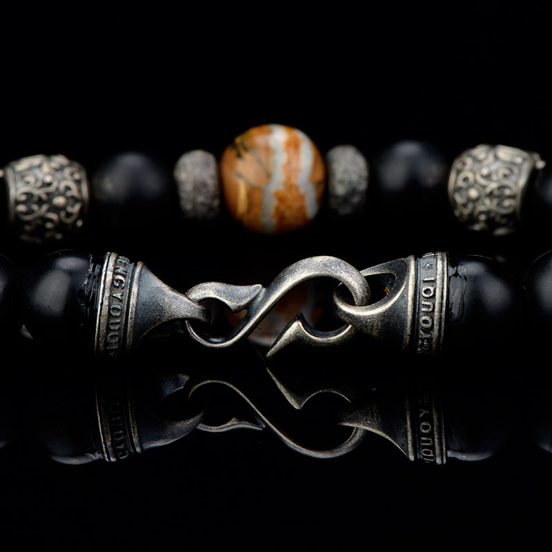 DYQ Jewelry 925银 唐草骷髅 黑玛瑙 男生手链 绅士英伦