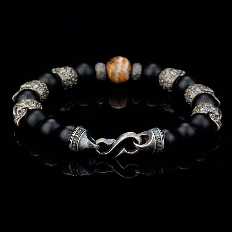 DYQ Jewelry 925银 唐草骷髅 黑玛瑙 男生手链 绅士英伦