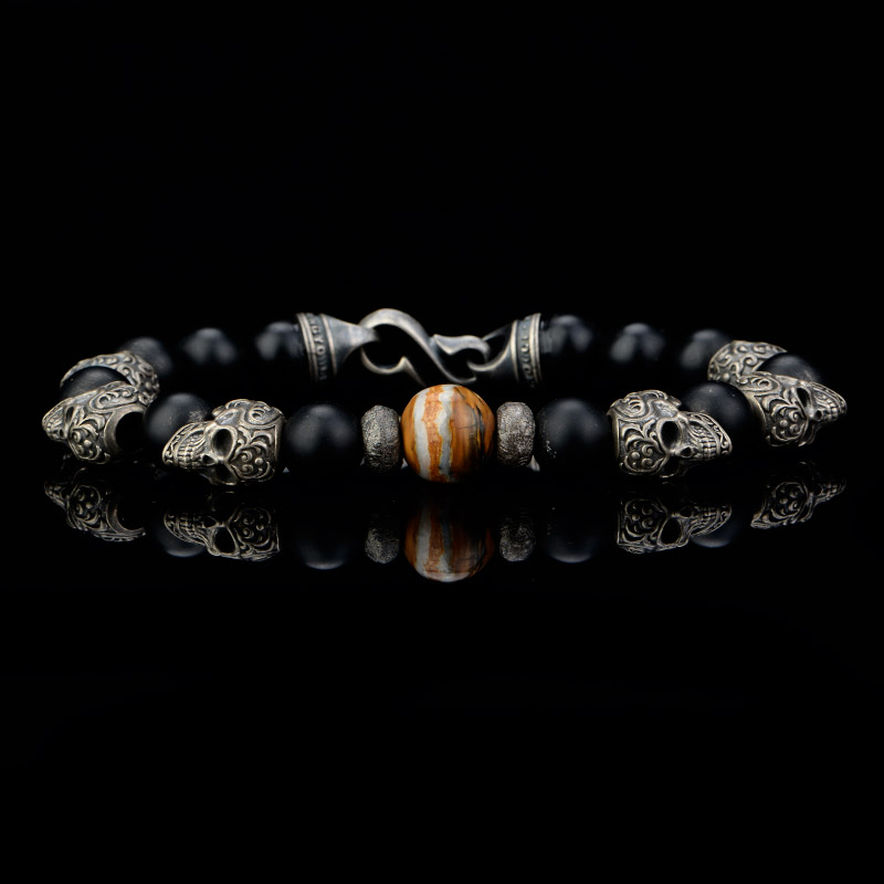 DYQ Jewelry 925银 唐草骷髅 黑玛瑙 男生手链 绅士英伦