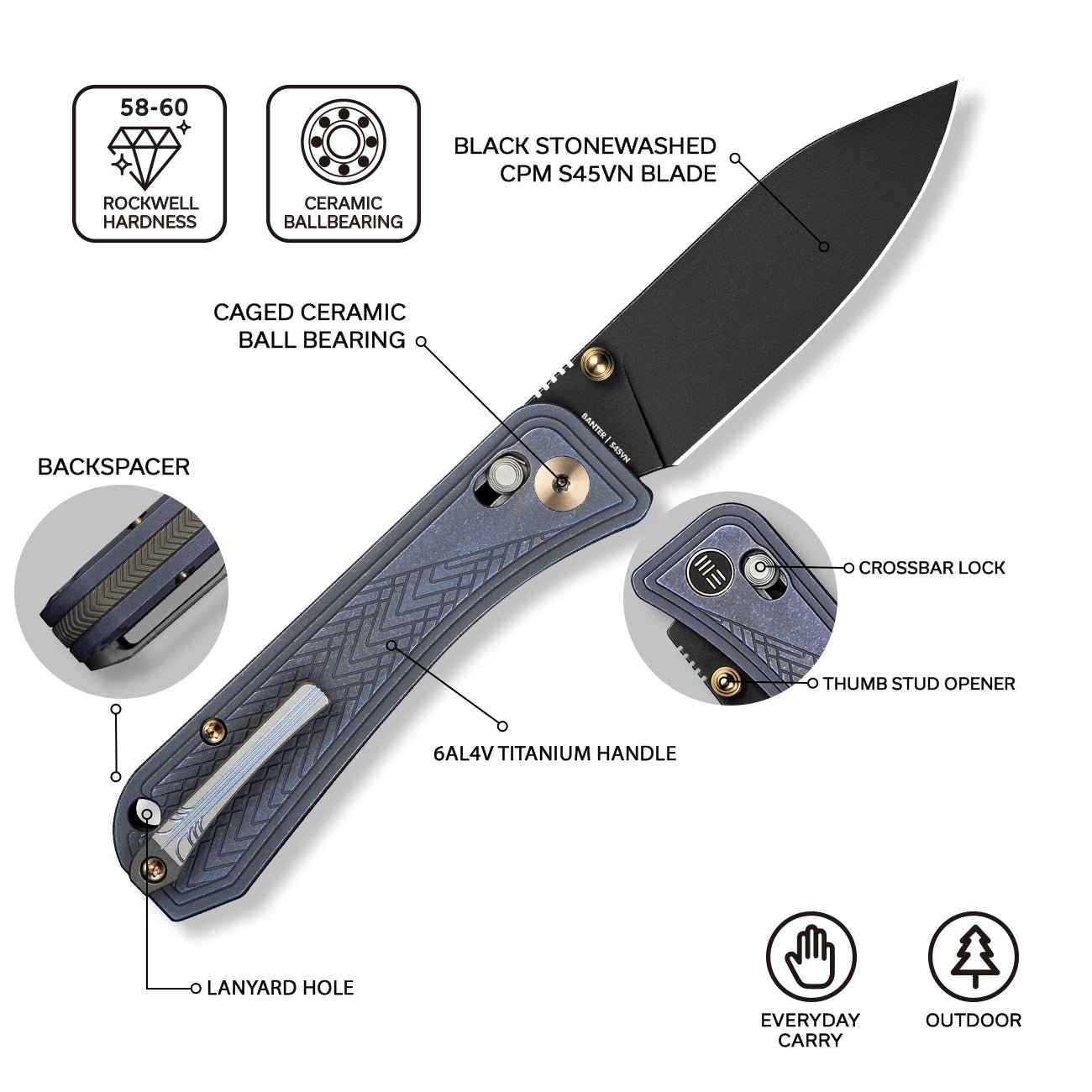 WEKNIFE Bougie Banter  CPM S45VN钢  钛手柄  WE24009-1  钛蓝色  1800