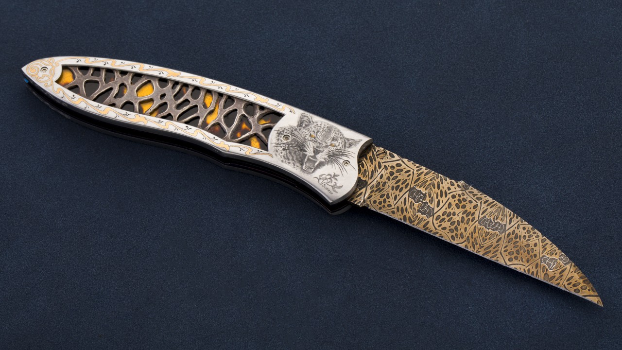 2015 AKI展品 MS双料大师 瑞克.邓克雷 豹王 豹纹大马士革钢 不锈钢手柄 艺术刀剑