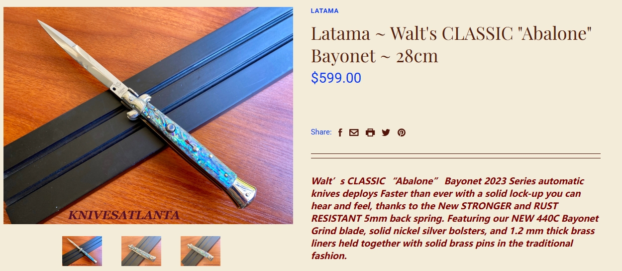 【售完】Latama Cutlery Walt 意大利黑手党经典自动侧跳 440C钢 鲍鱼柄 手工作品 2000
