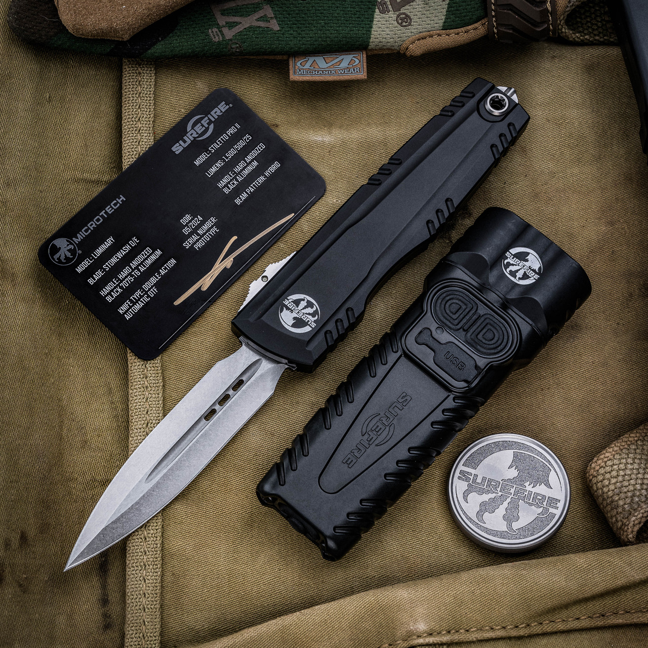 Microtech Luminary OTF  M390MK钢 铝手柄 SureFire Stiletto Pro II手电筒套装 黑色铝氚按钮 EK-1396 黑色  65000