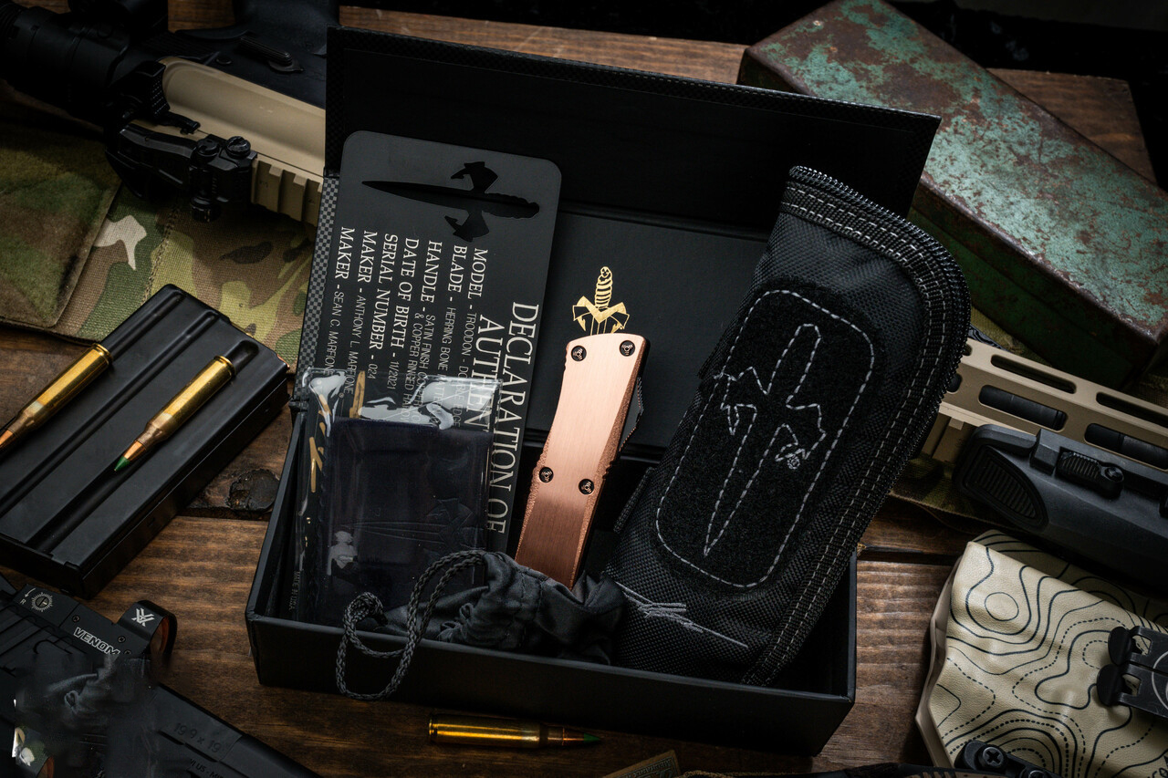 Microtech/Marfione Troodon OTF  大马士革钢 铜+铝手柄 黑粉色 MCKT-CU 20000