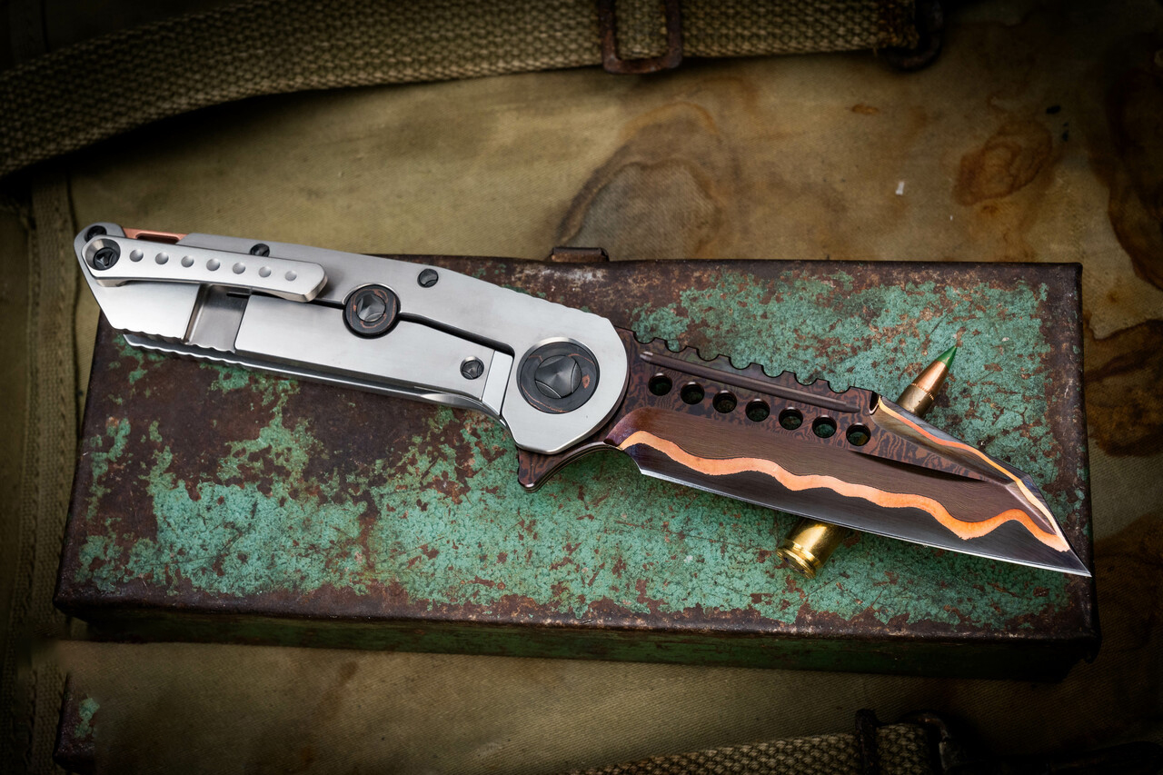 Marfione 定制Warhound 铜+大马士革钢 钛+碳纤维手柄 EK-706 铜色 55000