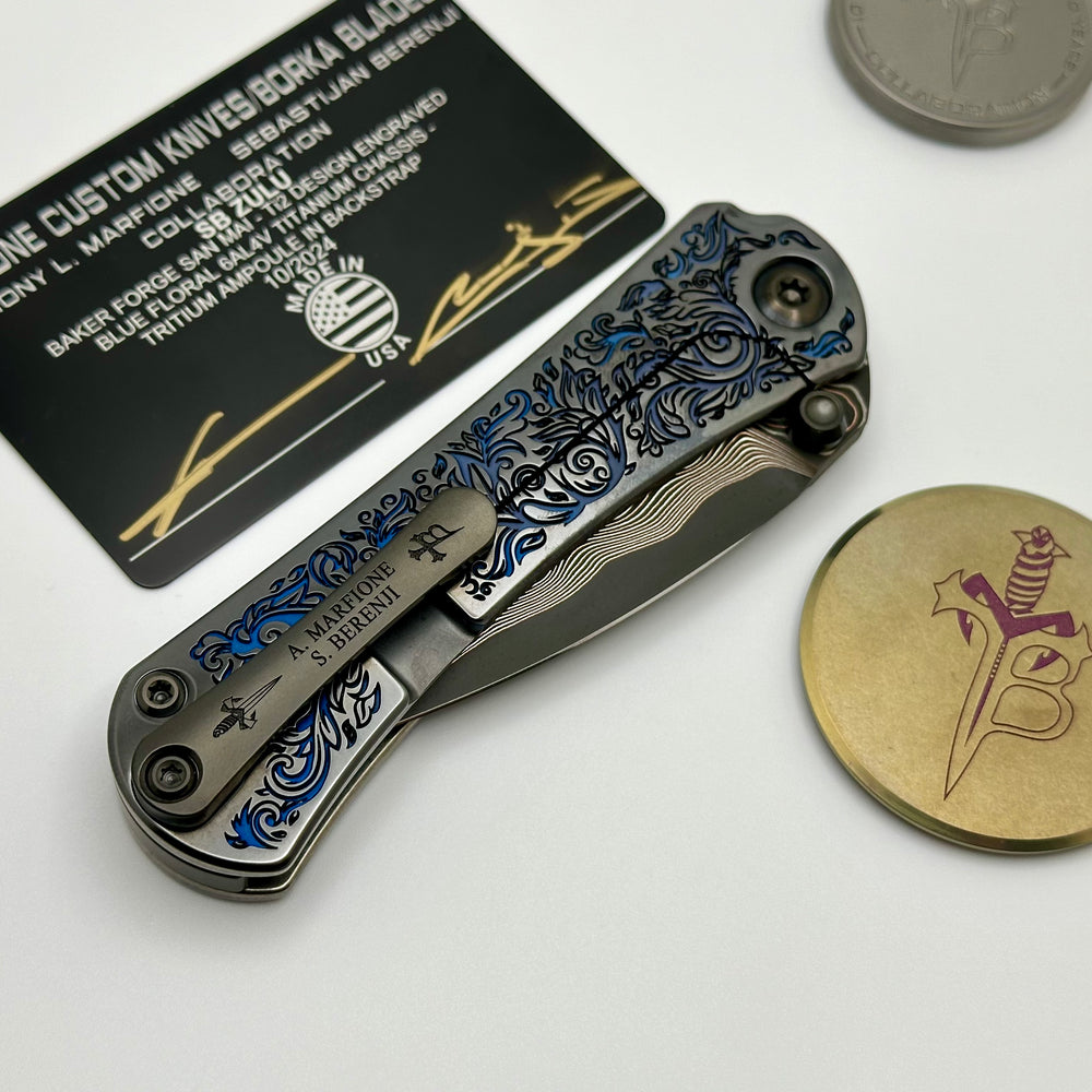 Borka Blades & Marfione 定制SBF Zulu M390钢 钛手柄 黑蓝色 64350